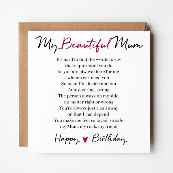 Mum Birthday Card, Happy Birthday Mum, Card for Mum, Beautiful Mum, Add a Personalised message inside, SPG0001