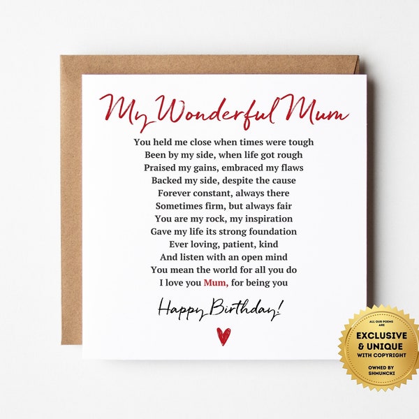 Mum Birthday Card, Personalised Poem for Mum, Birthday Card for Mum, Poetry Gift for Mum, Add personalised message inside