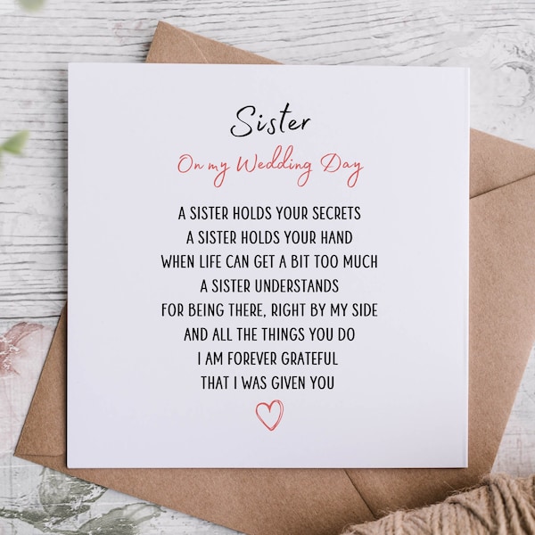 To my sister on my wedding day card | Bridesmaid card | Maid of Honour Cards | Special Sister Card | Wedding Cards | SPG0023