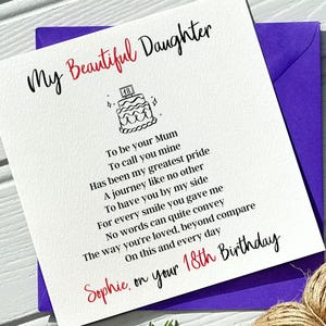 May include: A white greeting card with the text "My Beautiful Daughter" in red and black script. The card features a cake illustration with the number 18, and a poem. The card is inside a purple envelope.
