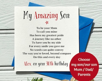 May include: A greeting card with the text "My Amazing Son" in black and red. The card includes a poem and the message "Alex, on your 30th birthday." It is placed on a blue envelope.