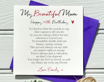 70th Birthday Card for Mum: Heartfelt Poem, Personalised Option