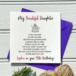 May include: A white greeting card with the text "My Beautiful Daughter" in black and red script, with a purple envelope. The card includes a birthday cake illustration and a heartfelt message, with the name "Sophie" and "18th Birthday".