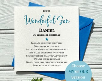21st Birthday Card for Son: Personalised Poem with Blue Star design
