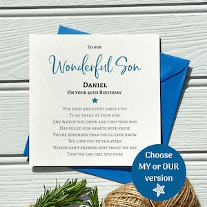 May include: A greeting card with the text "To Our Wonderful Son Daniel On Your 40th Birthday." The card is white with teal lettering and a blue envelope. The card includes a poem and a choice of "MY or OUR" version.