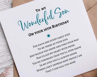 Mon fils 16ème carte d'anniversaire | 16ème carte pour fils | Joyeux 16e anniversaire | Poème de fils merveilleux | Ajouter un message