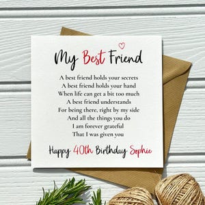 40th Birthday Card for Best Friend – Personalised Poem Keepsake – Unique Gift for Her