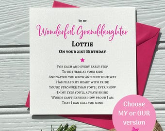 Granddaughter 21st Birthday cards |  Keepsake Poem