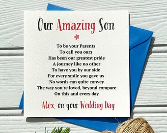 Personalised Wedding Day Card For Son From Parents, Heartfelt Poem Keepsake