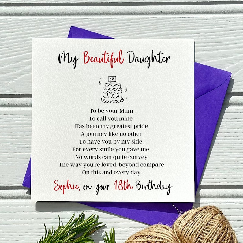 A unique 18th birthday card for a special daughter, with a cake design and heartfelt verse