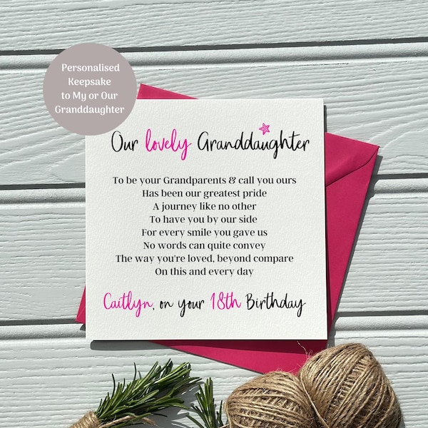 18th Birthday Card for Granddaughter: Personalised Poem Keepsake from Grandparents, Grandma, Nan, Nana