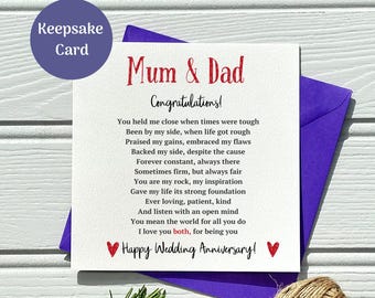 May include: A square white greeting card with a purple envelope featuring the red text Mum & Dad and the black text Congratulations followed by a poem about parents, ending with Happy Wedding Anniversary and two small red heart illustrations.