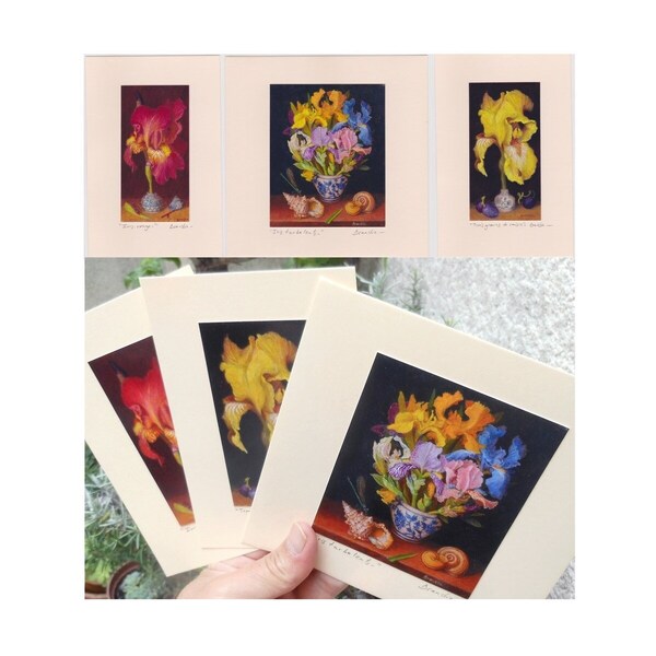 Fleurs d' Iris : trois reproductions de mes tableaux sous forme de cartes postales / cartes de vœux.