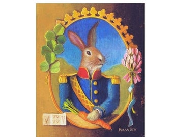 Greeting card or postcard, art PRINT of a whimsical rabbit in military costume