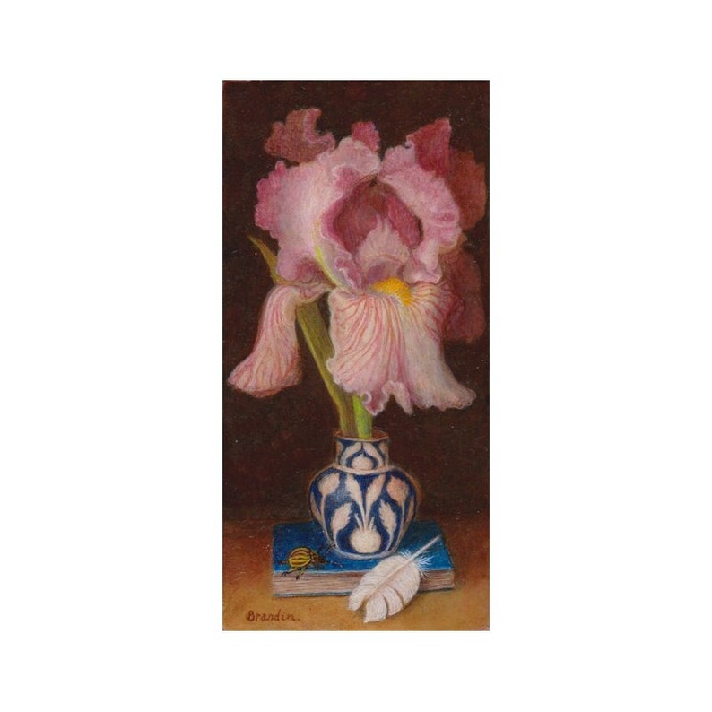 Still life original painting with pink iris blue book and image 1