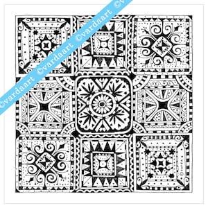 Detailed coloring page to download, print out and color. B&w illustration of a tapestry, drawn by Varda, with love.