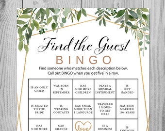 Greenery Find the Guest Bingo Cards, Printable Coed Bridal Shower Bingo, Ice Breaker Bingo Game, Ice Breaker Bridal shower game, TH93