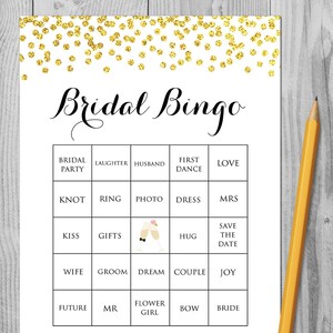 50x Prefilled Bridal Bingo Cards, Prefilled Bridal Shower Bingo cards, Bridal Bingo, Gold Bridal shower Bingo Cards, Bridal Bingo WD47 TH22