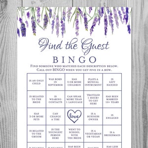 Lavanda Encuentra las tarjetas de bingo invitadas, bingo de despedida de soltera mixta imprimible, juego de bingo rompehielos, juego de despedida de soltera rompehielos, TH85