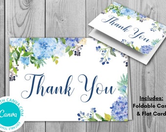 Editable Blue Hydrangea Wedding Thank you cards, Foldable Thank you notes, Wedding Favor Cards, Shower Favors, Bridal Shower TH84 WI66 canva