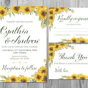 Set di inviti per matrimoni personalizzati di girasoli, invito stampabile, doccia da sposa, baby doccia, personalizzato, Suite di invito TH80 WI61
