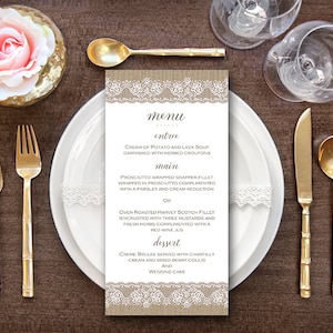 Burlap and Lace Personalized Wedding Menu, Custom Wedding Menu Printable, Wedding Menu Template , Menu douche TH79 WM182