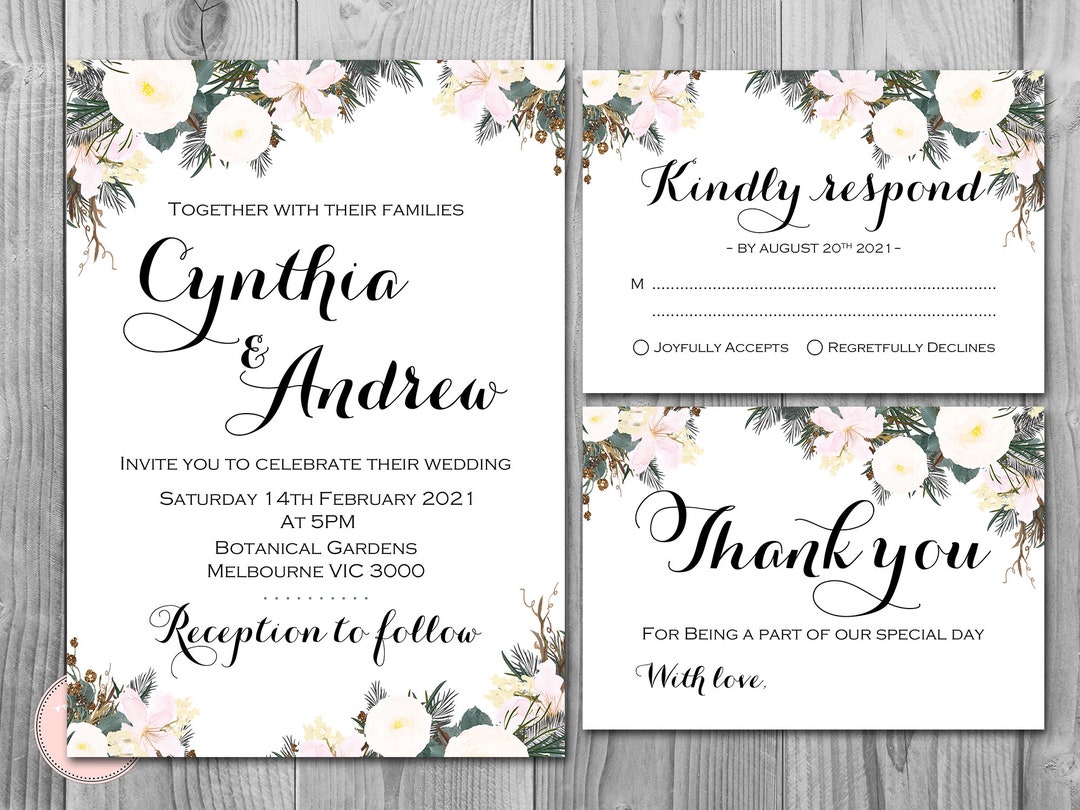 White Floral Custom Wedding Invitation Set, Wedding Invitation ...
