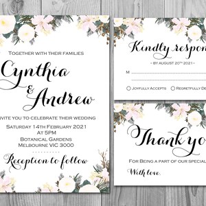 Ensemble d’invitation de mariage personnalisé floral blanc, invitation de mariage imprimable, invitation fête de fiançailles, personnalisé, suite WD74 TH21 WI15