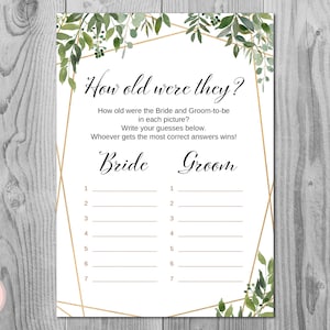 Greenery How old were they, How old was the Bride and Groom, Guess the Ages, Coed Wedding Shower game, Bridal shower Game, Printables TH93