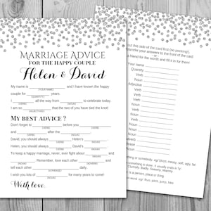 Silver Confetti Marriage advice cards, Marriage advice cards, Wedding Mad Libs, Bridal Shower Mad Libs, Bridal Mad Libs, Mad lib advice TH63