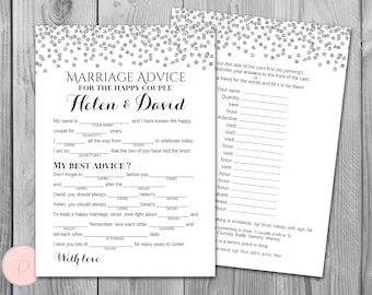 Silber Konfetti Heiratskarten, Hochzeit Ratkarten, Hochzeit Mad Libs, Braut Shower Mad Libs, Braut Mad Libs, Mad lib Ratschlag TH63