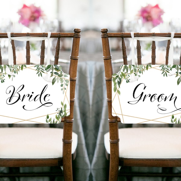 Greenery Bride and Groom Chair Banner, Wedding Decorations, Bride and Groom Chair Banner, Printable Wedding Chair Sign TH93 TCH01