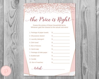 May include: A pink and gold printable game card with the text "the Price is Right" and a list of household items with blank spaces to write in prices. The game instructions are "Guess the prices of these household items. Whoever gets the closest to the actual cost wins!"