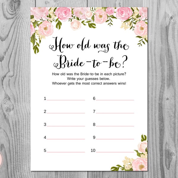 How old was the Bride to be Bridal Shower game, Guess the age of Bride, Bridal shower games, Bridal shower activity, Printable wd67 TH13