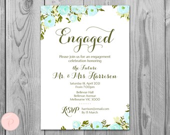 Cyan Floral Printable Engagement Party Invitation, Personalized Invitation, Printable Wedding Invitation, Shower Invite wd76 sign TH24