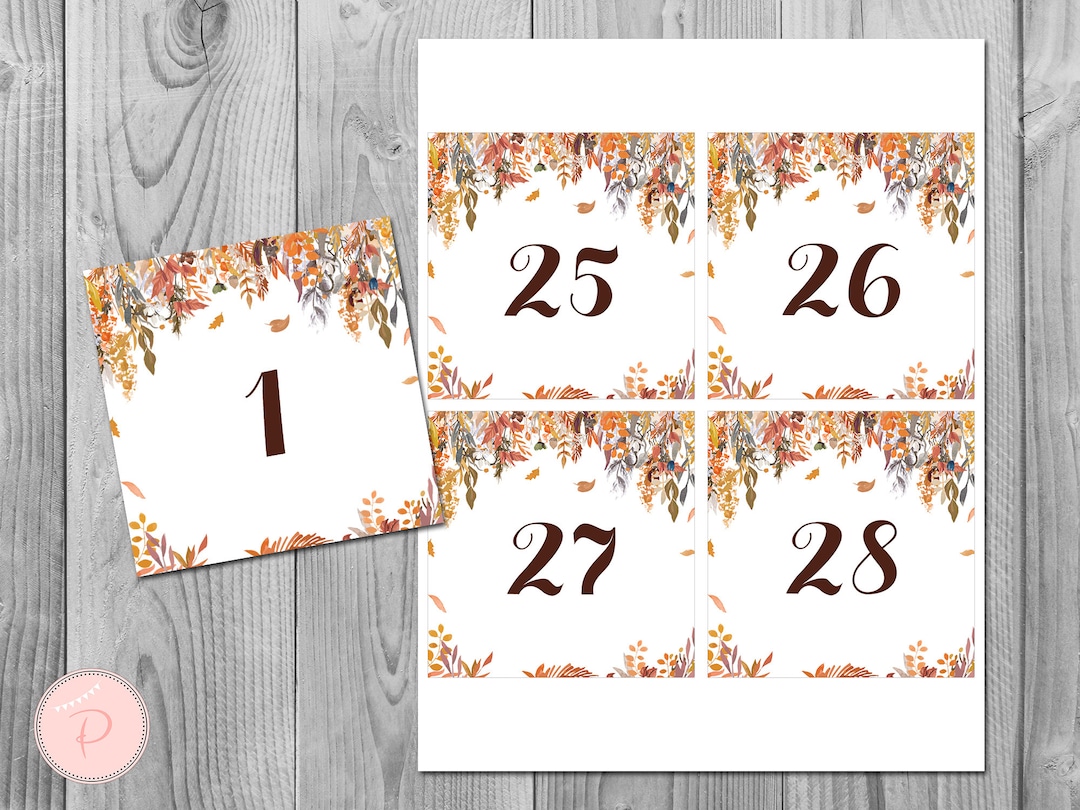 Autumn Fall Wedding Table Numbers Printable, DIY Table Number Sign ...
