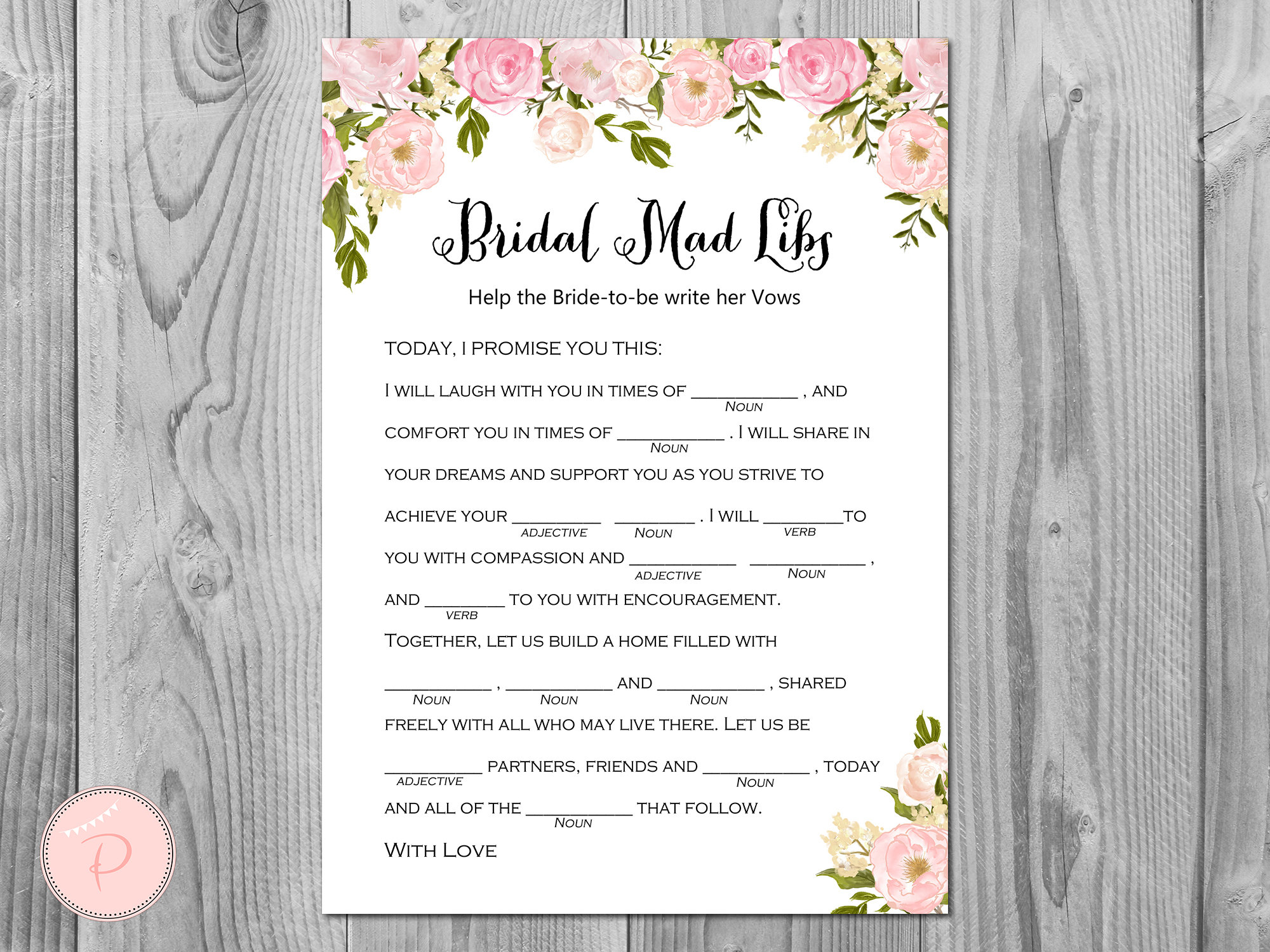 Peonies Bridal Shower Mad Libs Help Bride Write Her Vows | Etsy