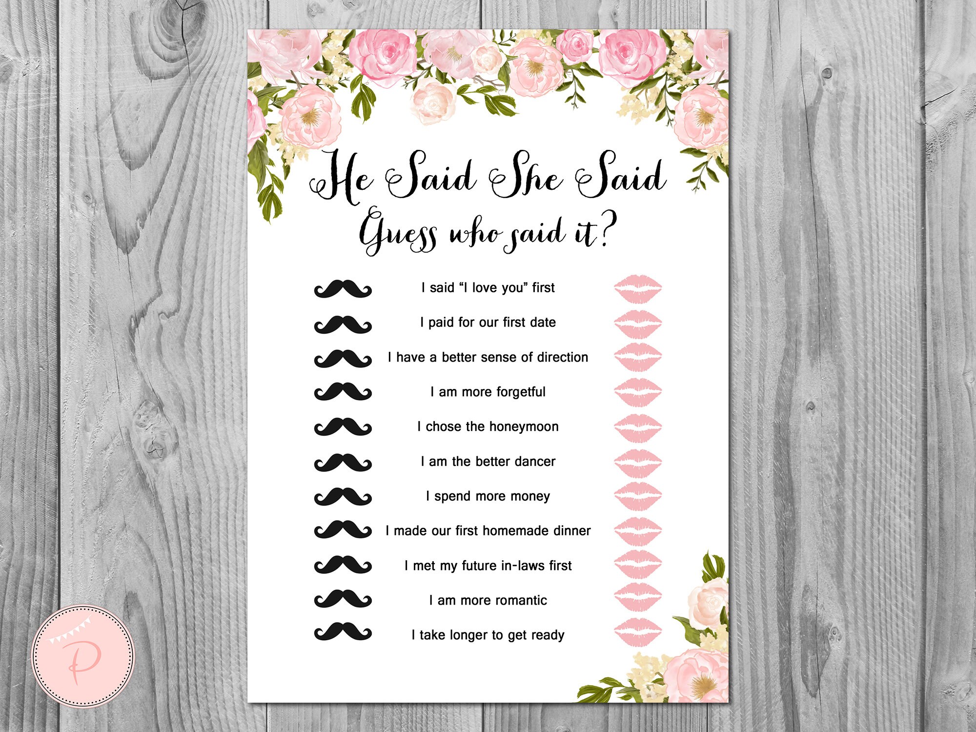 Peonies he said she said bridal shower game who said the - etsy