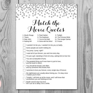Silver Movie Matching Game, Famous Love Quote Movie Game, Bridal Shower Games, Bridal shower activity, Printable Games TH63