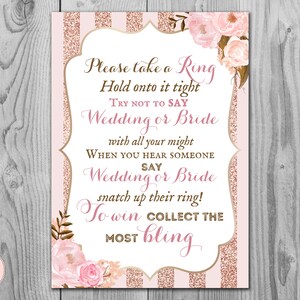 Rose Gold Don&#39;t Say Wedding or Bride Game, Don&#39;t Say a word Game, Take a Ring Game, Coed Bridal shower game, Shower activity, WD90 TH55