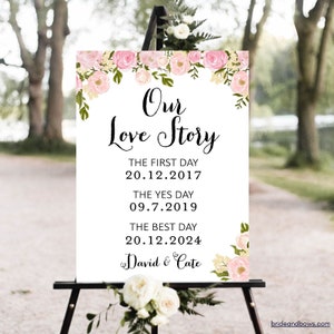 Pink Peonies Personalized Our Love Story Sign, Special Dates Sign, Wedding Date Sign, Wedding Gift, Greenery Bridal Shower Gift WD67 TH13