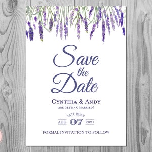 Lavande Enregistrer la date invitation de mariage, Purple Invitation imprimable, Invitation douche nuptiale, Invitations de mariage TH85 WS95