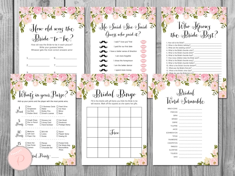 Peonies Bridal Shower Games, Bridal Shower Game, Package, Instant Download, 6 Games Printable, Bridal Shower Activities WD67 TH13 image 1