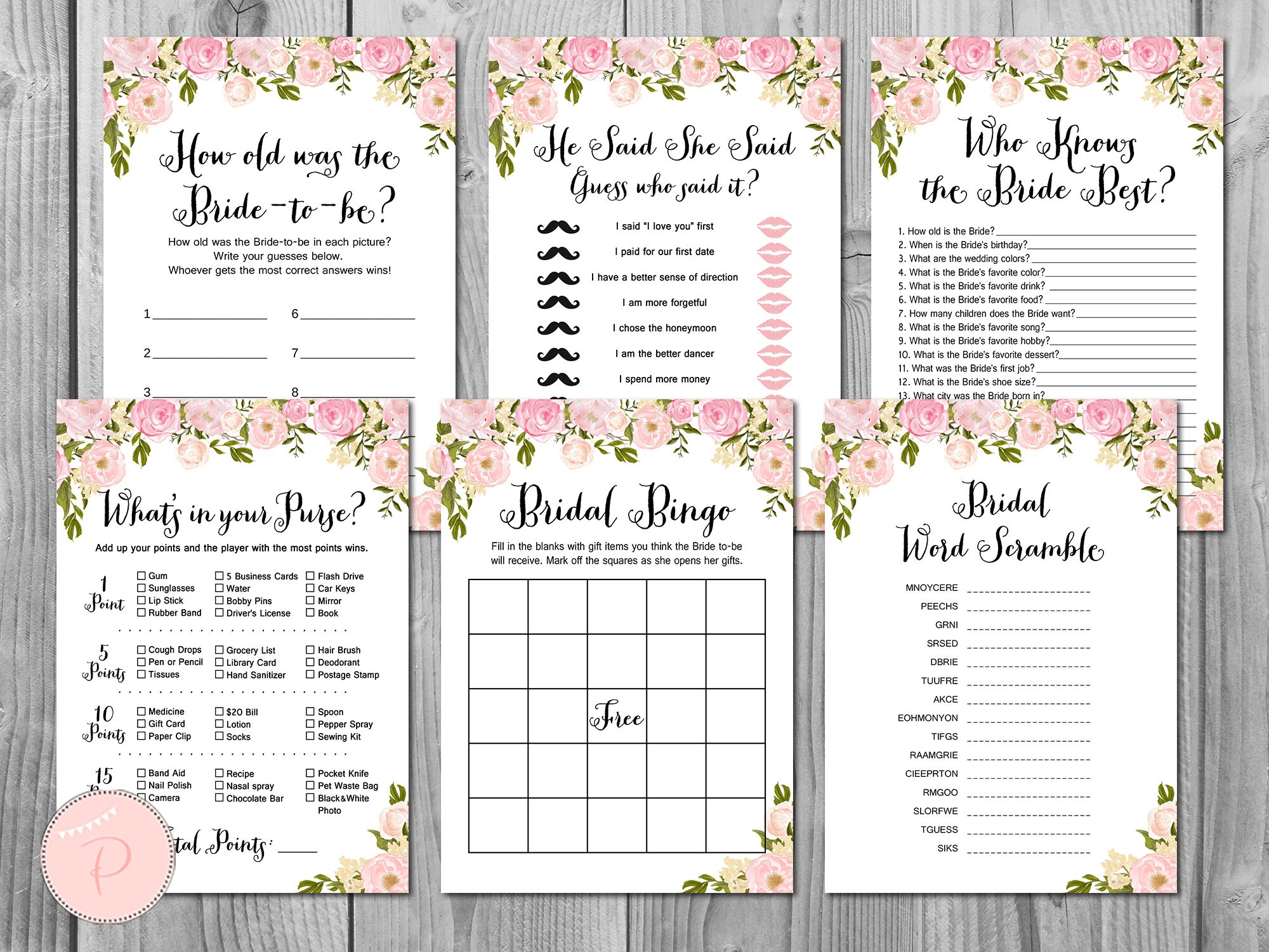 Peonies Bridal Shower Games, Bridal Shower Game, Package, Instant Download,  6 Games Printable, Bridal Shower Activities WD67 TH13