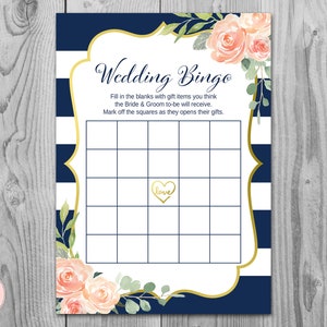 Tarjetas de bingo de ducha de boda floral azul marino y dorado, Bingo de ducha nupcial mixto imprimible, Bingo de artículos de regalo, juego de despedida de soltera, TH74 imprimible