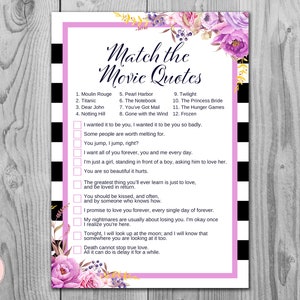 Magenta Floral Movie Matching Game, Famous Love Quote Movie Game, Coed Bridal shower game, Bridal shower activity, Printable Game WD79 TH34