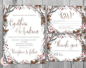 May include: A wedding invitation with a wintery floral wreath design. The invitation features the names Cynthia & Andrew, the wedding date, time, and location. The RSVP card includes a space for guests to indicate their attendance. The thank you card expresses gratitude for attending the wedding.