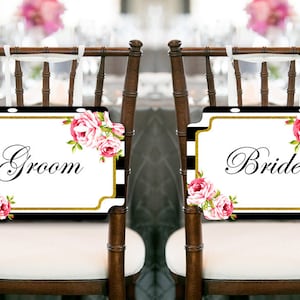 Black Stripes Gold Bride and Groom Chair Banner, Wedding Decorations, Bride and Groom Chair Banner, Printable Wedding Chair Sign BS10