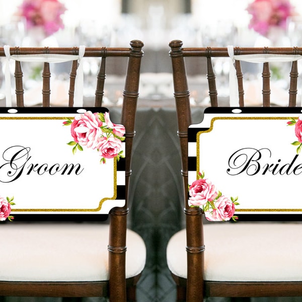 Black Stripes Gold Bride and Groom Chair Banner, Wedding Decorations, Bride and Groom Chair Banner, Printable Wedding Chair Sign BS10