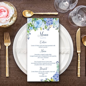 Blauwe hortensia bloemen, gepersonaliseerde bruiloftsmenu, aangepaste bruiloftsmenu afdrukbare, bruiloft menu sjabloon, douche menu, TH84 WM193